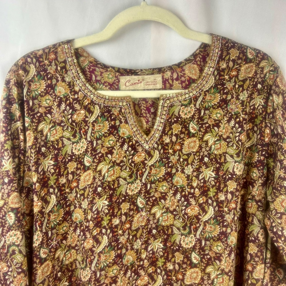 NEW Camie Floral Silk Tunic Blouse Women XL Red Tan Beaded Made in India Paisley - Picture 3 of 8